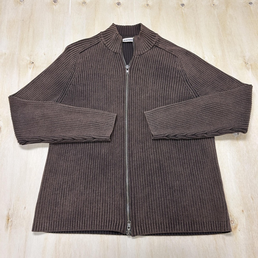 Y2K Express Sweater Mens XL Brown Cotton Ribbed Tight Knit Full Zip Mock Neck